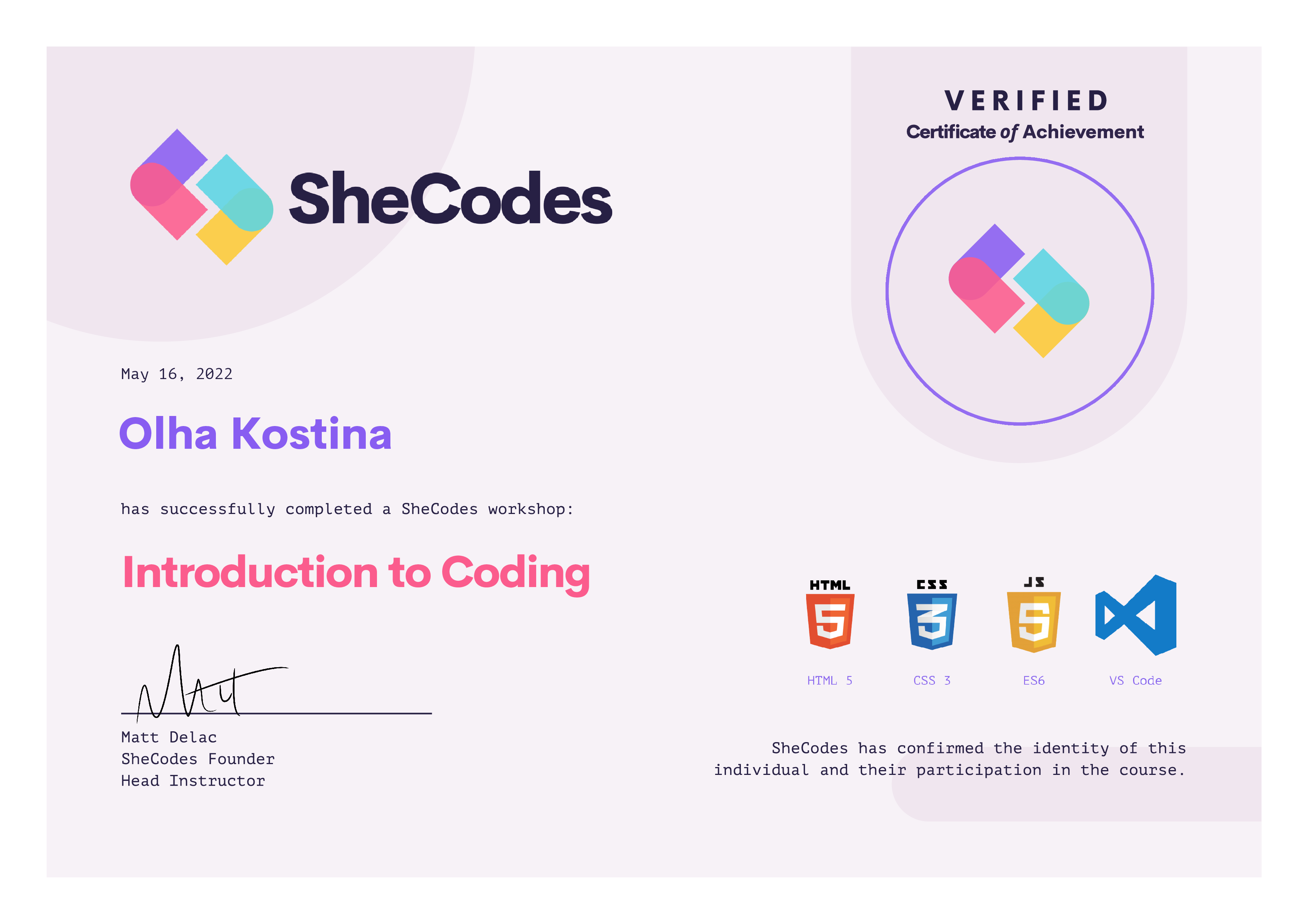 Certificate of Olha - SheCodes Basic