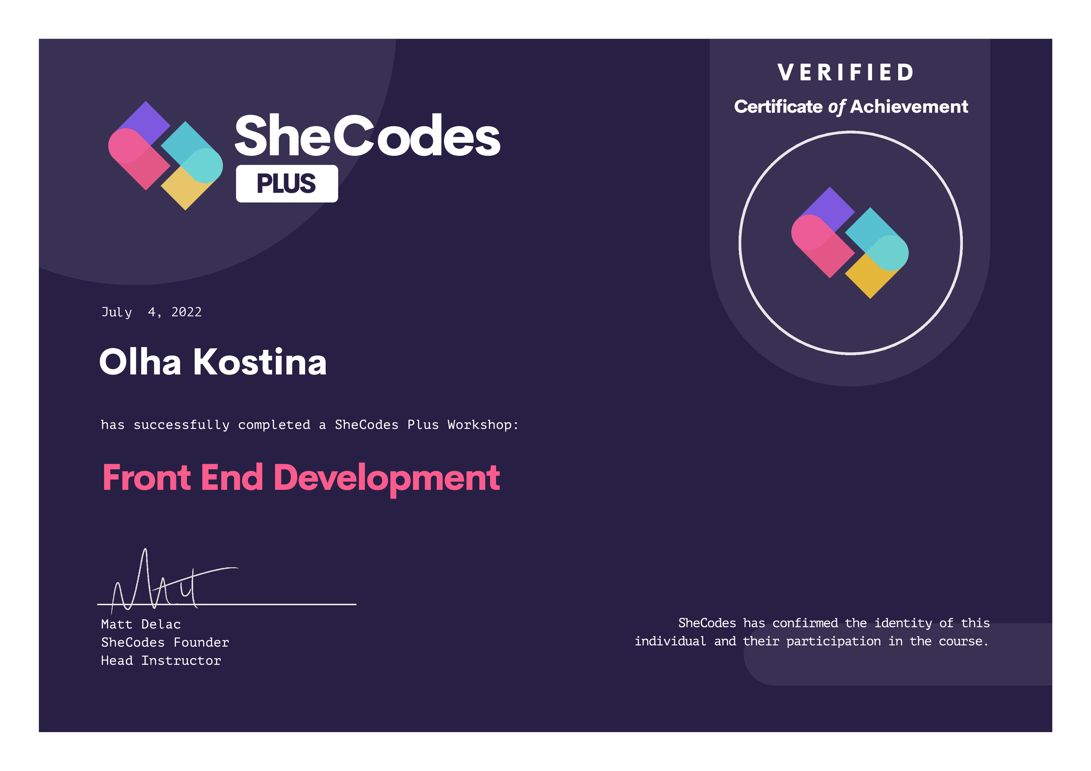 Certificate of Olha - SheCodes Plus