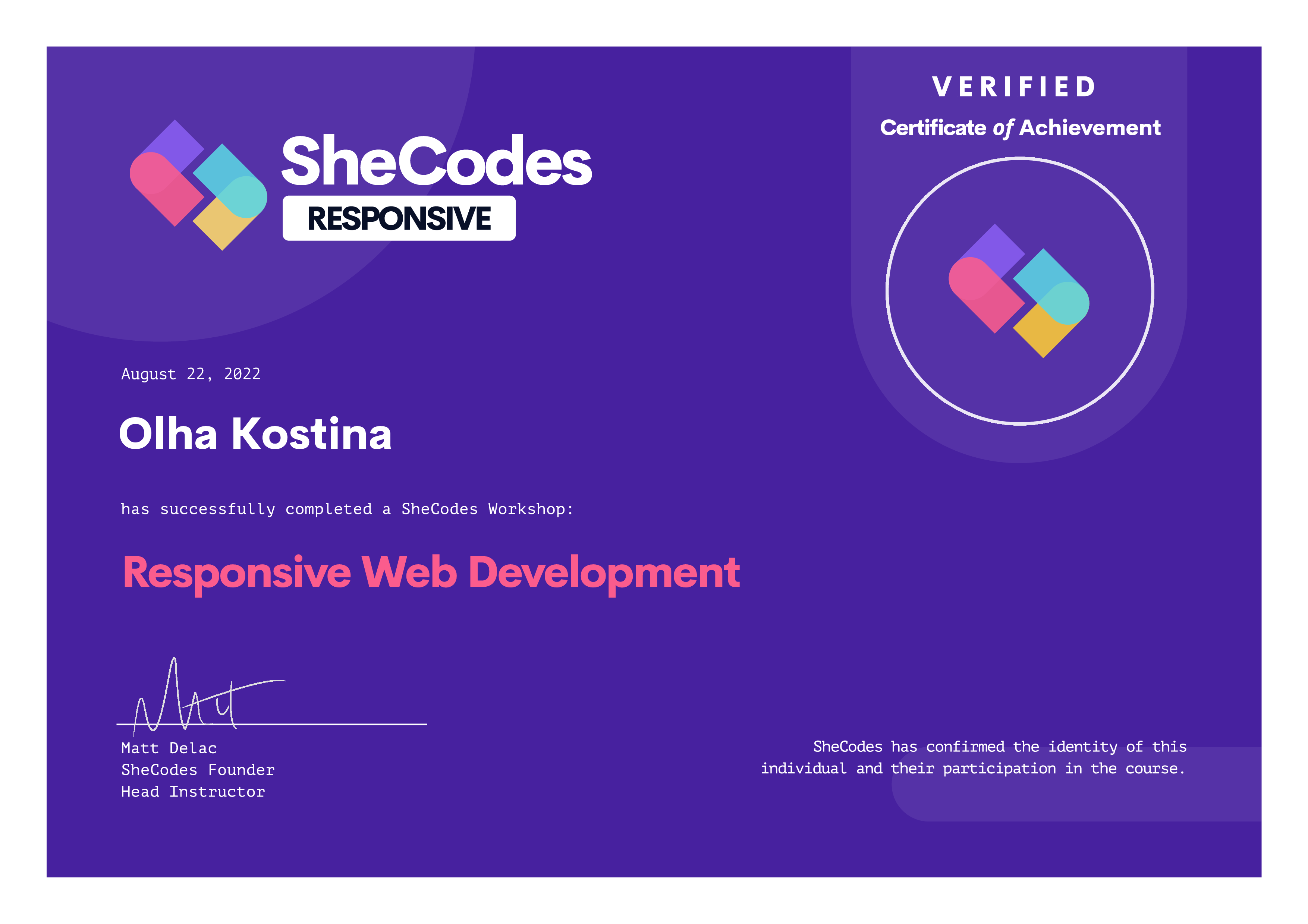 Certificate of Olha - SheCodes Responsive